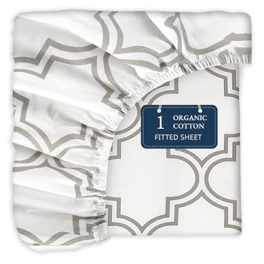 Imagem de Lane Linen Lençol solteiro 100% algodão orgânico (99 cm x 190 cm) - lençol com elástico 100% algodão super macio - Lençol de cama de algodão leve e durável - Treliça prata