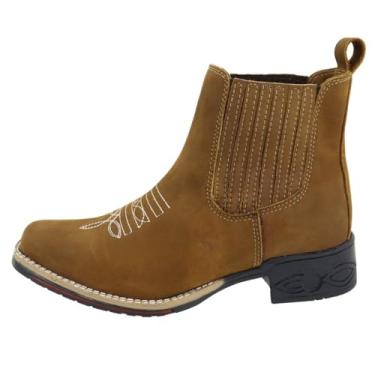 Imagem de Botina Bota Country Texana Couro Bico Quadrado Bordada Puxador Traseiro Solado Borracha Costurado Tamanho:39;Cor:Caramelo;Gênero:Masculino;Departamento BS:Esporte