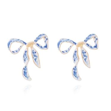 Imagem de Brincos de laço azul e branco para mulheres, lindos brincos de laço esmaltados de porcelana azul e branca chiques de gravata borboleta minimalistas acessórios de joias de festa de formatura para ela