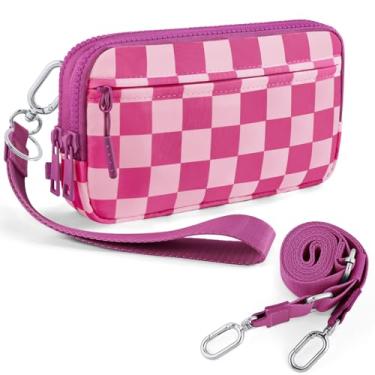 Imagem de NEWROGENG Carteira feminina quadriculada com 4 zíperes, porta-cartão de crédito, organizador de celular, Rosa choque, 7.48 x 1.38 x 4.33 inches