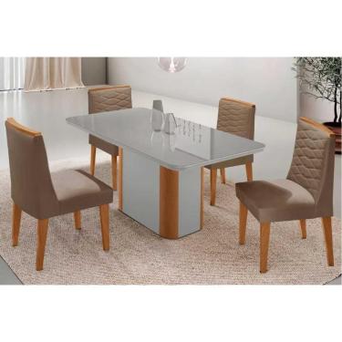 Imagem de Conjunto Sala de Jantar Pietá c/ Tampo Madeirado c/ Vidro Canto Curvo 120x80cm e 4 Cadeiras Maldivas Madeira Maciça Naturale/Off White - Capuccino/Sue