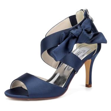 Imagem de Creativesugar Sandálias femininas com laço laranja de cetim, salto para casamento, sapatos de festa, Azul marino, 37