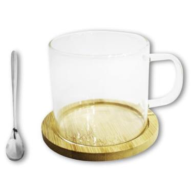 Imagem de Caneca de Vidro Borossilicato, 250ml, Com Pires de Bambu e Colher, Xícara Grande Para Chá, Café e Cappuccino, Kit Presente na Caixa