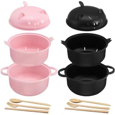 Imagem de Romooa 2 conjuntos grandes de 1,275 g, tigela de macarrão ramen para micro-ondas fofo de porco Ramen Cooker de trigo com tampa de coador, alça de colher, pauzinhos, garfo, presente para casa