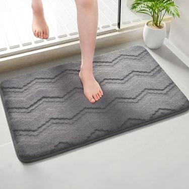 Imagem de voofly Tapete de banheiro de espuma de memória, listras onduladas, macio, absorvente, tapete de banheiro de microfibra lavável, 81 cm x 50 cm, cinza