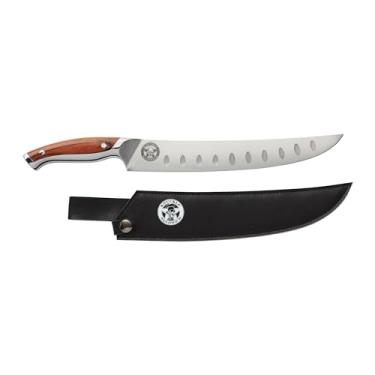 Imagem de Ergo Chef Guy Fieri Knuckle Sandwich Faca fatiadora de carne com címetro de 25 cm com bainha de couro, lâmina oca de aço inoxidável premium 7CR17MoV personalizada estilo sabre, cabo ergonômico