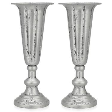 Imagem de Ninehaoou 2 peças de vaso de compota envelhecido prata vaso decorativo de metal 11,4 x 33 cm forma de taça de champanhe vintage centros de mesa para mesa de casamento, aniversário, festa de
