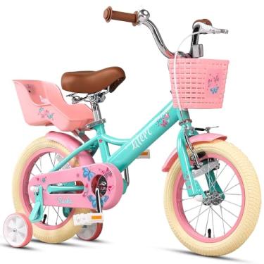 Imagem de Glerc Sasha Bicicleta para meninas, bicicleta infantil de 40 cm para crianças de 4 a 7 anos, bicicleta infantil retrô estilo vintage com assento de boneca, cesta e rodas de treinamento, verde