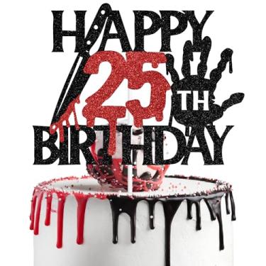 Imagem de Topo de bolo Black Glitter Killer Happy 25th Birthday, Halloween Zombie Vampire Bloody Friday Birthday Decoration, Halloween Horror Themed 25th Birthday Party Decorações