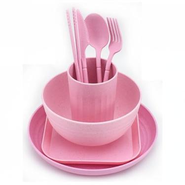 Imagem de Conjunto de 8 peças de palha de trigo, utensílios de cozinha, utensílios de mesa, pratos de jantar, tigela, xícara, prato, faca, colher, garfo, pauzinhos, talheres (rosa)