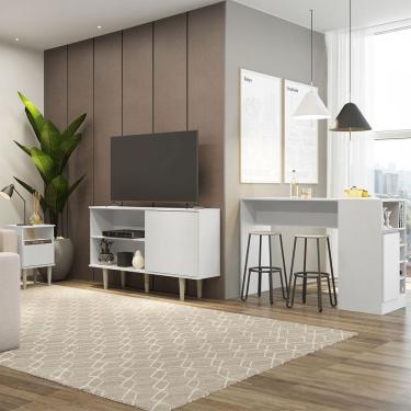 Imagem de Kit Sala Integrada Rack Mesa Lateral Bancada Menu Móveis Branco