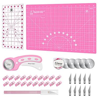 Imagem de Headley Tools O kit de cortadores rotativos inclui cortador de tecido de 45 mm, 5 peças de lâminas de substituição, tapete de corte autocura A3, régua de colcha, adesivos antiderrapantes, clipes de