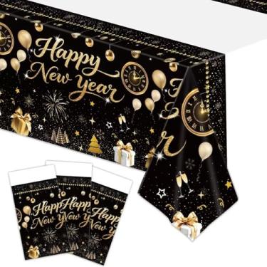 Imagem de 3unid Toalha de Mesa de Feliz Ano Novo, 274x137cm Preta e Dourada à Prova d'Água para Festa NYE