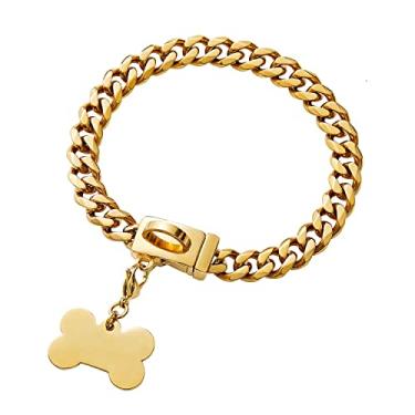 Imagem de Coleira de corrente de ouro 2022 com fivela segura, colar de elos cubanos de aço inoxidável forte de 13 mm, coleira de metal para cães pequenos, médios e grandes