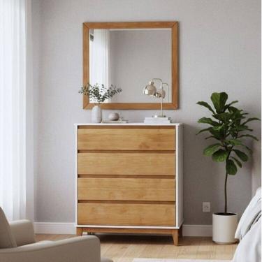 Imagem de Conjunto Cômoda 4 Gavetas + Moldura com espelho – Madeira Maciça e MDF – Linha Prata Finestra Móveis Off White/Freijó