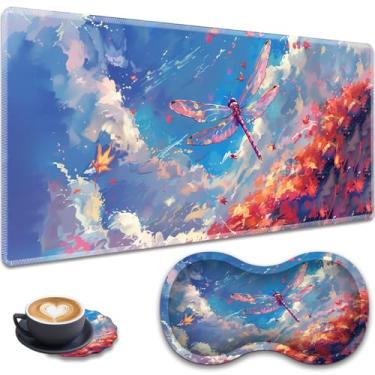 Imagem de Mouse pad grande para jogos + descanso de pulso + porta-copos de renda, conjunto antiderrapante, com bordas costuradas e tapete de mesa expansível à prova d'água, adequado para escritório/casa