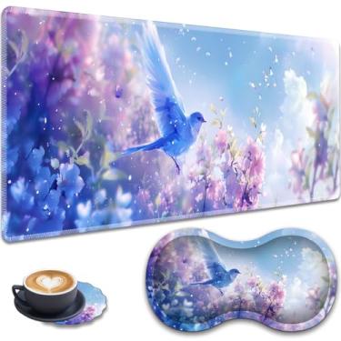 Imagem de Mouse pad grande para jogos + descanso de pulso + porta-copos de renda, conjunto antiderrapante, com bordas costuradas e tapete de mesa expansível à prova d'água, adequado para escritório/casa, flor