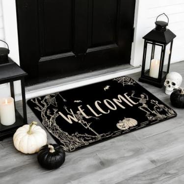 Imagem de Mocsicka Tapete de porta de caveira de Halloween engraçado cemitério bem-vindo capacho decorativo Halloween tapete antiderrapante para entrada ao ar livre capacho 43 x 76 centímetros