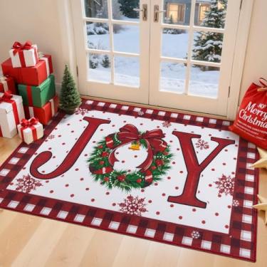 Imagem de Ileading Capacho de Natal, guirlanda de alegria, antiderrapante, tapete de entrada discreto para decoração de férias de inverno, lavável na máquina, tapete de porta grande para animais de estimação