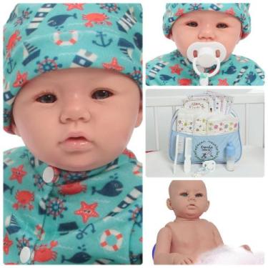 Imagem de Boneco Reborn Bebê Príncipe Olhos Azuis Kit Pijama Com Itens - Cegonha