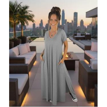 Imagem de vestido gola v com fenda na lateral - neide moda, Cinza, P 38