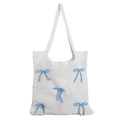 Imagem de CREATCABIN Bolsa de praia com laço rosa, crochê, malha de poliéster, malha de verão, Hobo, férias, boho, coquete estético, laço T, Laço azul, 41 x 39cm, Laço azul