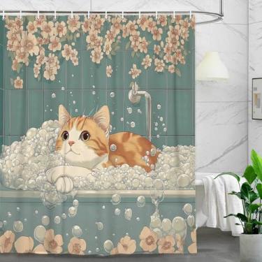 Imagem de MDUKOIN Cortina de chuveiro de gato engraçado, gato fofo na banheira floral folhas verdes planta decoração de banheiro vintage, conjunto de cortina de chuveiro retrô infantil desenho animado animal