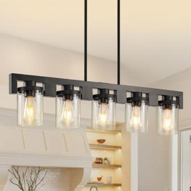 Imagem de WJShome Luminária De Sala De Jantar Sobre A Mesa, Iluminação De Ilha De Cozinha De Fazenda Com 5 Luzes, Lustre Preto Moderno Com Altura Ajustável, Grandes Luzes Pendentes Lineares Retangulares Indus