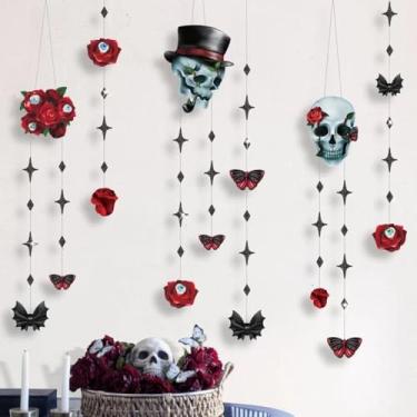 Imagem de 6 peças Guirlandas de caveira rosa para decoração de festa de Halloween homem mulher esqueleto rosa vermelha globo ocular borboleta decoração pendurada serpentina preta e vermelha pano de fundo para Halloween, aniversário, casamento, proposta, noivado, festa