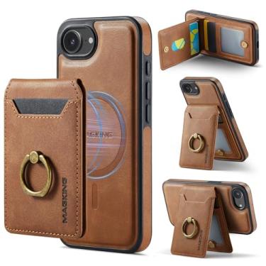 Imagem de DG.MING Capa de couro magnética removível 2 em 1 para iPhone 16e, carteira com bloqueio de RFID, compatível com carregamento sem fio MagSafe com anel giratório de 360°, capa protetora à prova de