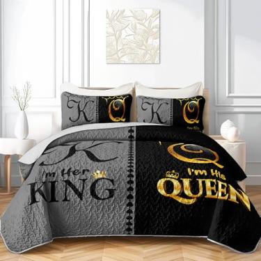 Imagem de AILONEN Conjunto de colcha cinza e preto, tamanho Queen - Conjunto de cama acolchoado com coroa estampada K & Q, edredom leve, colcha de 3 peças e 2 fronhas