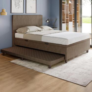 Imagem de Base Cama Baú Casal Com Cama Auxiliar C/colchão Conjugado Veludo - Skybox Cor Marrom