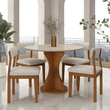 Imagem de Mesa Redonda Cosença Com 4 Cadeiras Estofadas Fre/off/bouclé Off - M.a Freijó/off Pre/bouclé Off Whit
