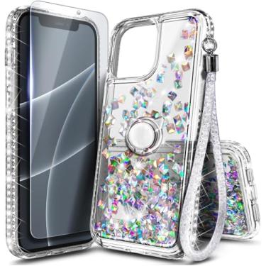 Imagem de Capa NGB projetada para iPhone 16, pedra de cristal | Capa fofa com glitter líquido brilhante para mulheres, meninas e crianças | com protetor de tela de vidro temperado, suporte de anel e alça de