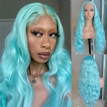 Imagem de RDY Peruca sintética azul claro de 61 cm, ondulada, solta, encaracolada, lace frontal, peruca para mulheres, metade amarrada à mão, peruca macia de renda suíça resistente ao calor, cabelo de fibra para cosplay, fantasia de Halloween