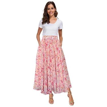 Imagem de Afibi Saia longa feminina de chiffon com estampa floral de cintura alta e bolsos, rosa, XGG
