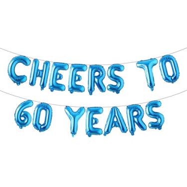 Imagem de Cheers to 60 Years Banner Foil 60º aniversário balão decorações de festa para ele/ela 60 anos decorações de aniversário suprimentos de festa de casamento para homens/mulheres (CHEERS TO 60 YEARS Blue)