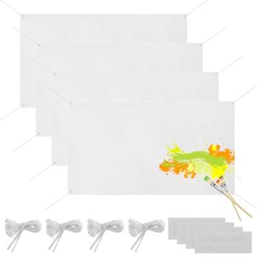 Imagem de LUMINFLY 4 peças de banners grandes em branco – Banners de tecido DIY de poliéster branco de 9 cm com cordas e adesivos para pendurar. Personalizável para arte, sublimação e exibições internas