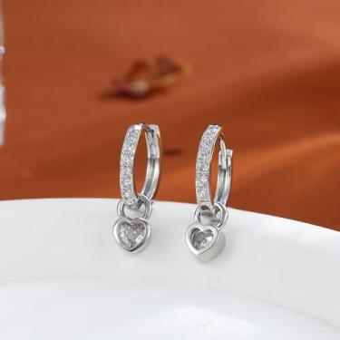 Imagem de Brincos de argola de coração banhados a ouro 14K para mulheres com zircônia cúbica, leves, pequenos e delicados brincos pendentes, standard, Cobre, Sem pedra preciosa