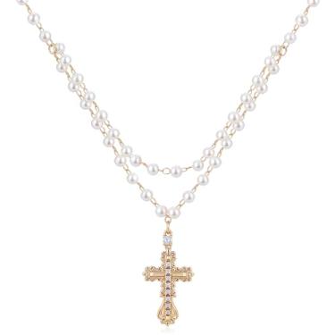 Imagem de immerFancy Colar de rosário com cruz para mulheres, gótico vintage católico crucifixo cruz colar em camadas para homens religiosa cristã Rosarios Catolicos joia presente, 15.75 inch, Latão Zircônia