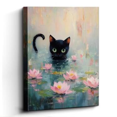 Imagem de WOXZQ Arte de parede de gato preto – Impressão de gato fofo de 30,5 x 38 cm com flores de lótus – Papel laminado sem moldura para quarto, sala de estar ou escritório – exibição de mesa e pendurar