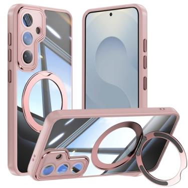 Imagem de Capa de telefone Vanki para Samsung Galaxy S25 compatível com magnético com suporte S25 capa magnética com suporte de anel de 360 graus para Samsung S25 capa transparente antiqueda (rosa)