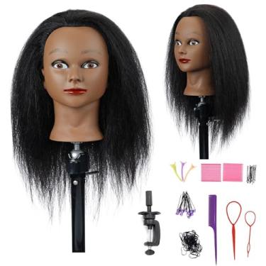 Imagem de Cabeça de manequim 100% de cabelo humano com suporte, cabeleireiro cosmetologia manequim manequim treino cabeça de boneca para penteados trançados - preto (40,6 cm)