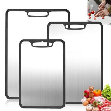 Imagem de Conjunto de 3 tábuas de corte de titânio, tábuas de corte de metal para cozinha, tábua de corte de aço inoxidável, tábuas de cortar para cozinha e acampamento, borda de silicone para 3 peças