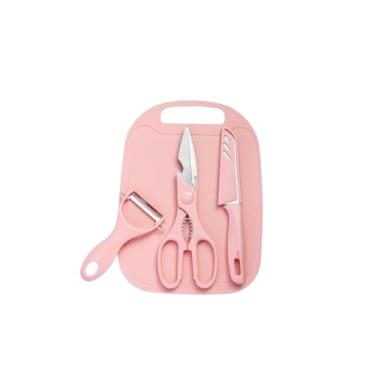 Imagem de Kit Utensílios de Cozinha 4 Peças, Conjunto com Faca, Tesoura Multifuncional, Descascador e Tábua de Corte, Aço Inox e Plástico, Cores Sortidas