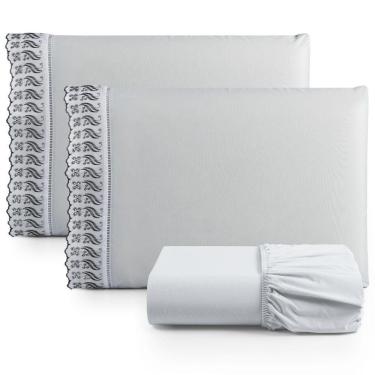 Imagem de Jogo Cama Lençol Paris Queen Percal 180 Fios 100% Algodão Lese Bordada 3 Peças - Cinza