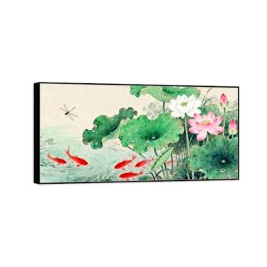Imagem de Chinoiserie Arte de parede paisagem imagem em tela - flores de lótus folha koi-chinesa pintura moldura preta para decoração de casa 60 x 120 cm 24 x 47 pol
