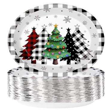 Imagem de Pratos de papel ovais de Natal com 100 peças, árvores de Natal resistentes, xadrez, buffalo, preto, pratos de sobremesa, bandeja de floco de neve, para decoração de Natal, inverno, férias, festa de