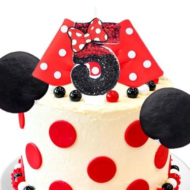 Imagem de LaVenty Decoração de 5º aniversário para bolo vermelho com laço, decorações de aniversário vermelhas, serve para decorações de aniversário da Minnie Mouse, para decorações de festa da Minnie Mouse