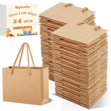 Imagem de Bgtecho Pacote com 24 sacos de presente extrapequenos, sacos de papel pequenos de 10 x 12 x 6 cm, sacos de papel de embrulho para presente com alças, mini bolsa de presente marrom para presentes de